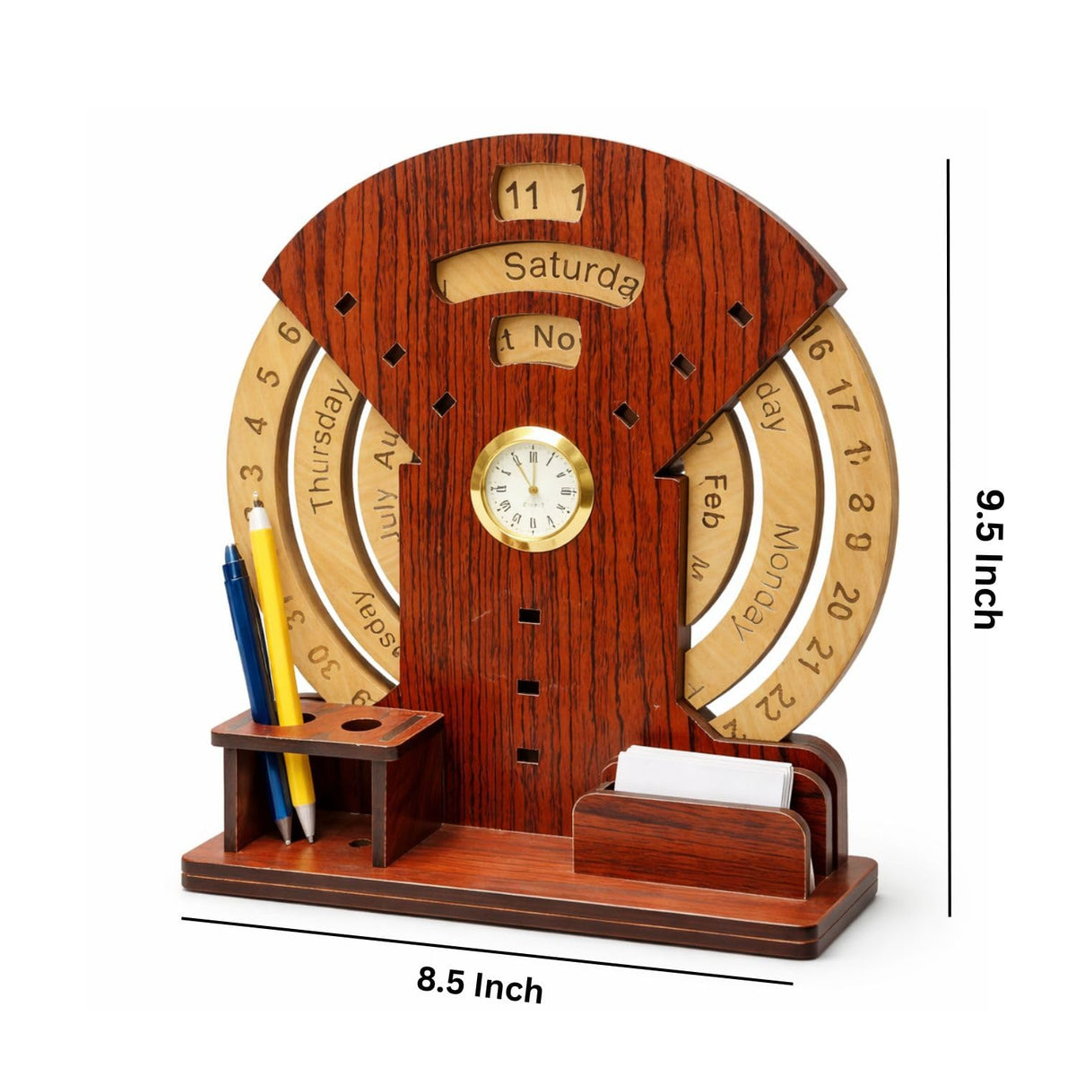 Wooden Perpetual Calendar with Table Clock