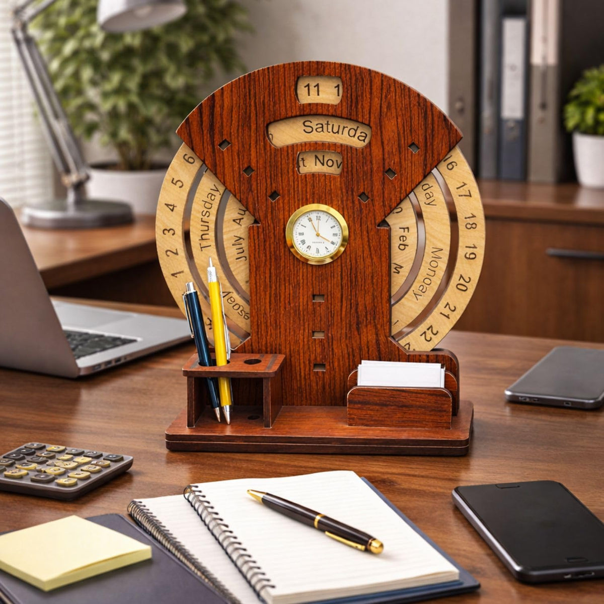 Wooden Perpetual Calendar with Table Clock
